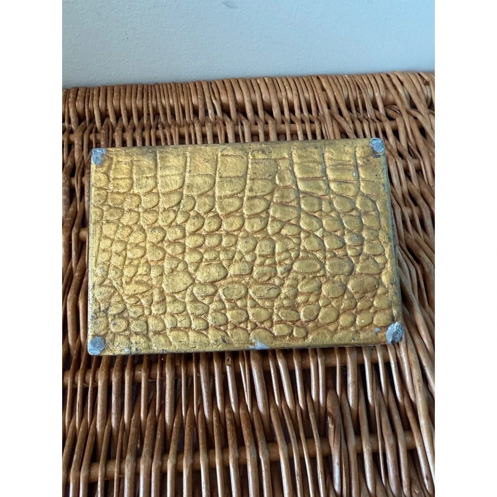 Vintage Ornate Gold Tone Brass Metal Tavern Scene Repousse Jewelry Trinket Box